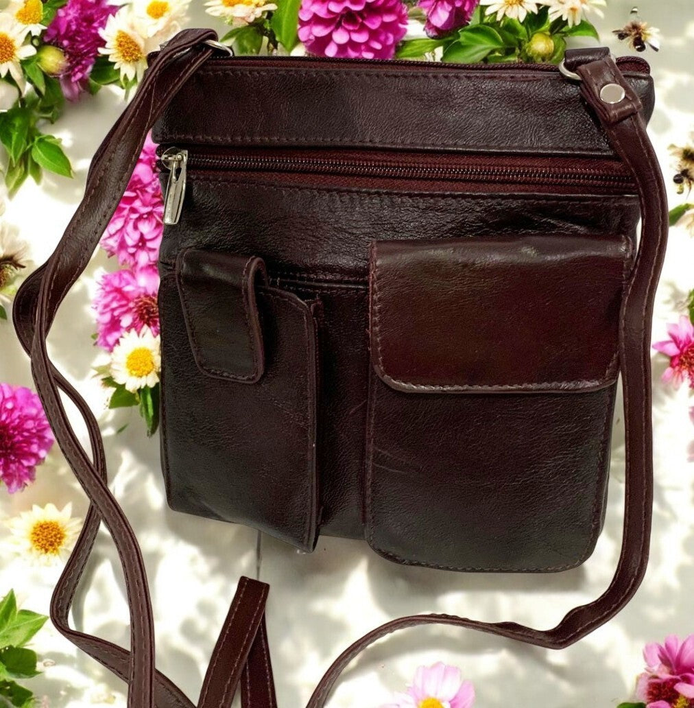 BURGUNDY Cowhide Leather Crossbody Shoulder Bag  Organizer Handbag for Women
