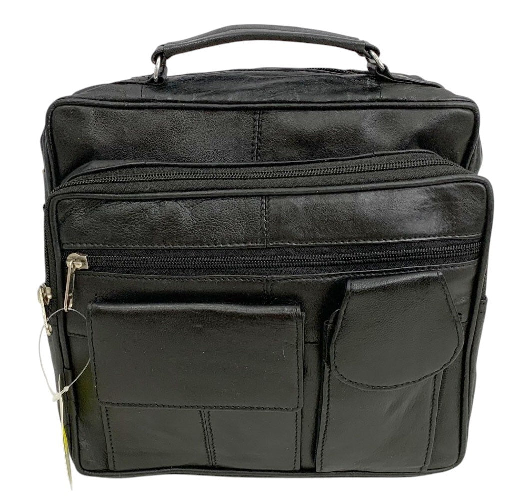 Black Leather Messenger Crossbody Shoulder Bag Organizer Handbag Satchel for Men