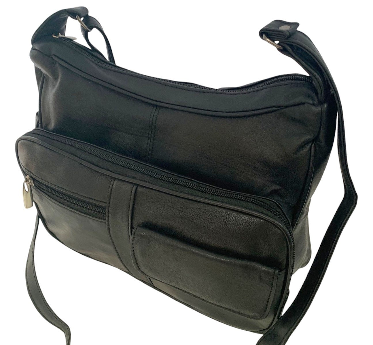BLACK Leather Organizer Purse Shoulder Bag Multiple Pockets Cross Body Handbag