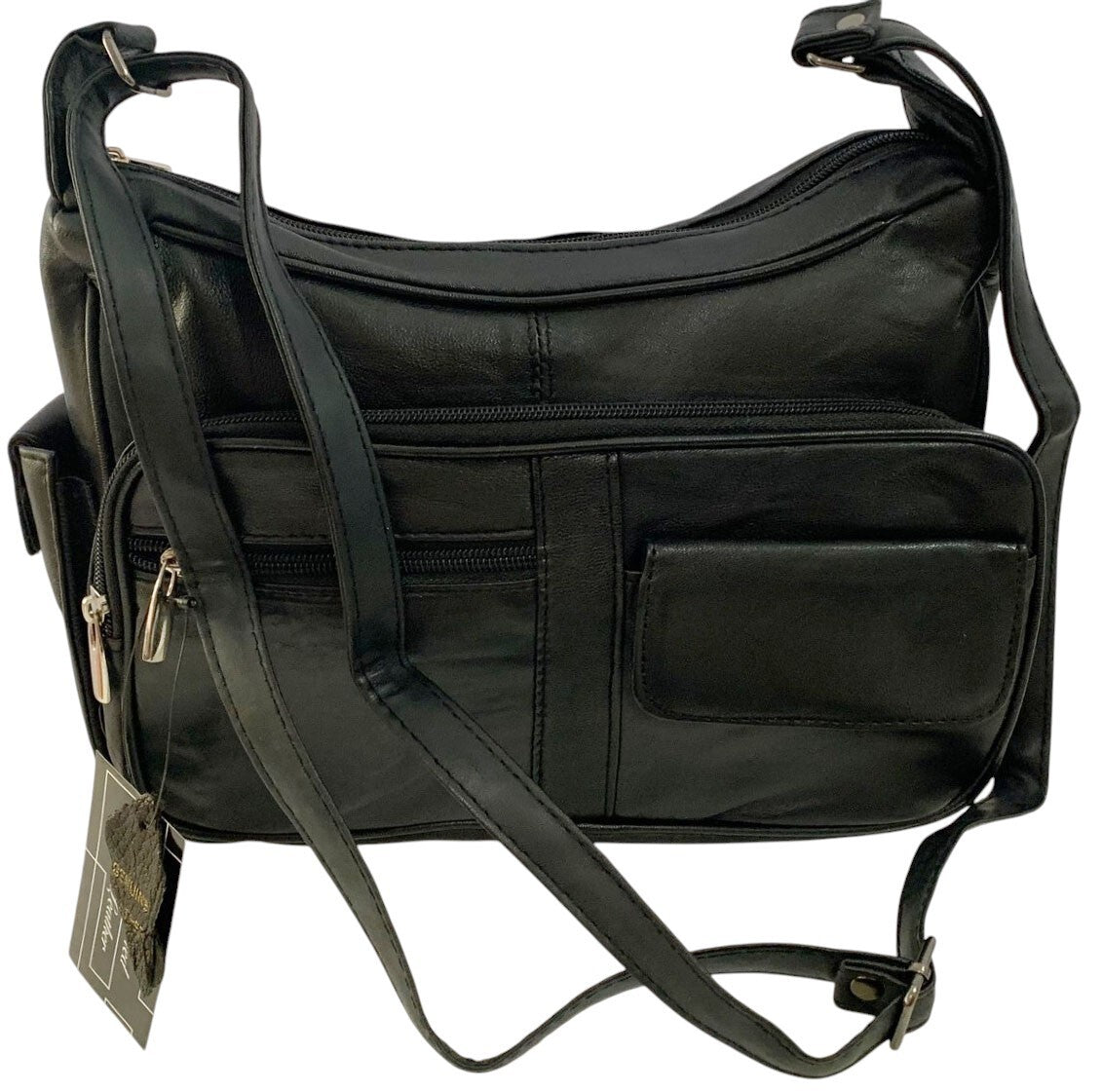 BLACK Leather Organizer Purse Shoulder Bag Multiple Pockets Cross Body Handbag