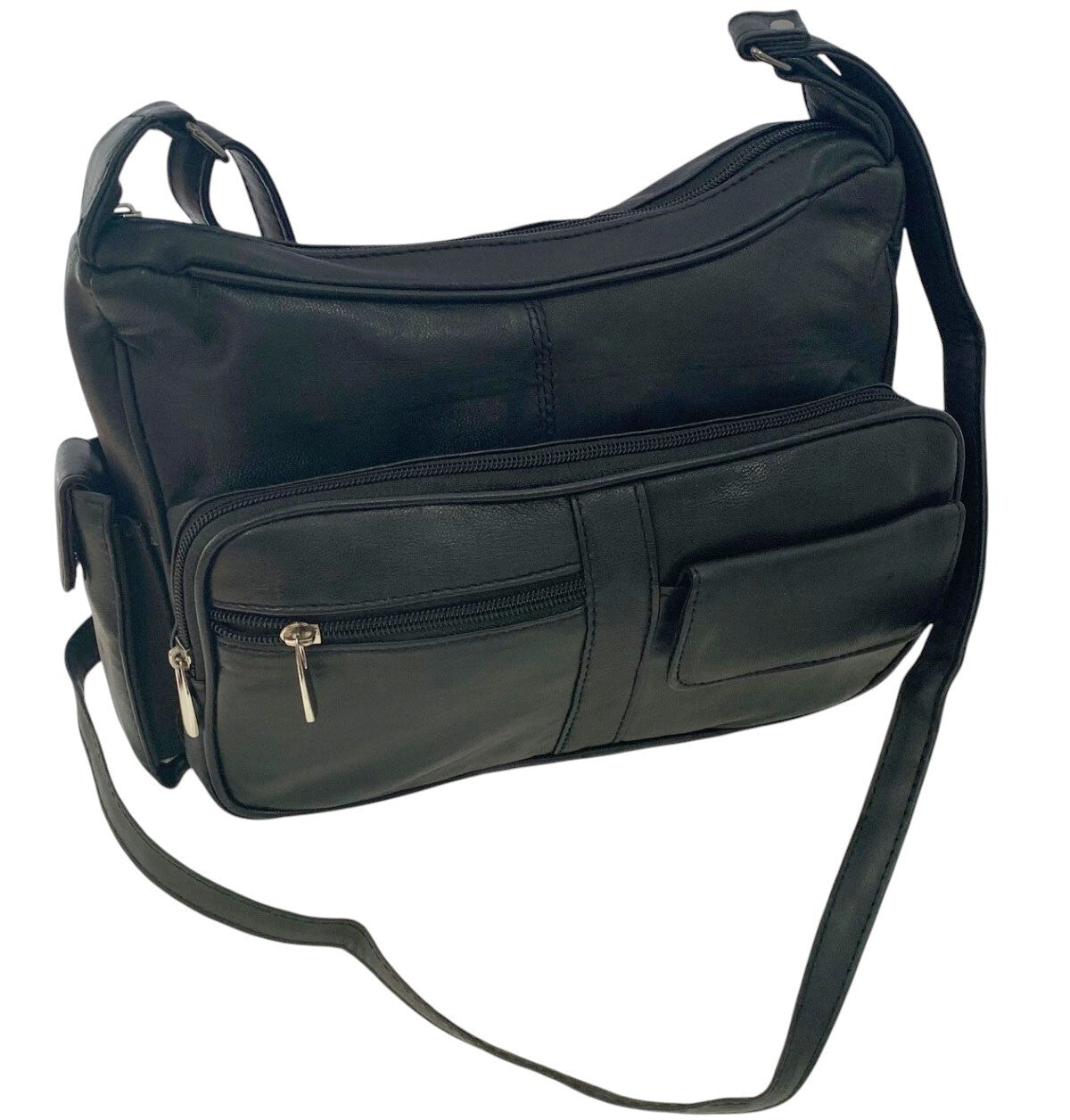 BLACK Leather Organizer Purse Shoulder Bag Multiple Pockets Cross Body Handbag