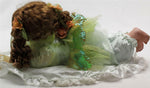 PORCELAIN BROWN HAIR CRAWLING FAIRY BABY 22" GREEN DRESS SILK BLANKET