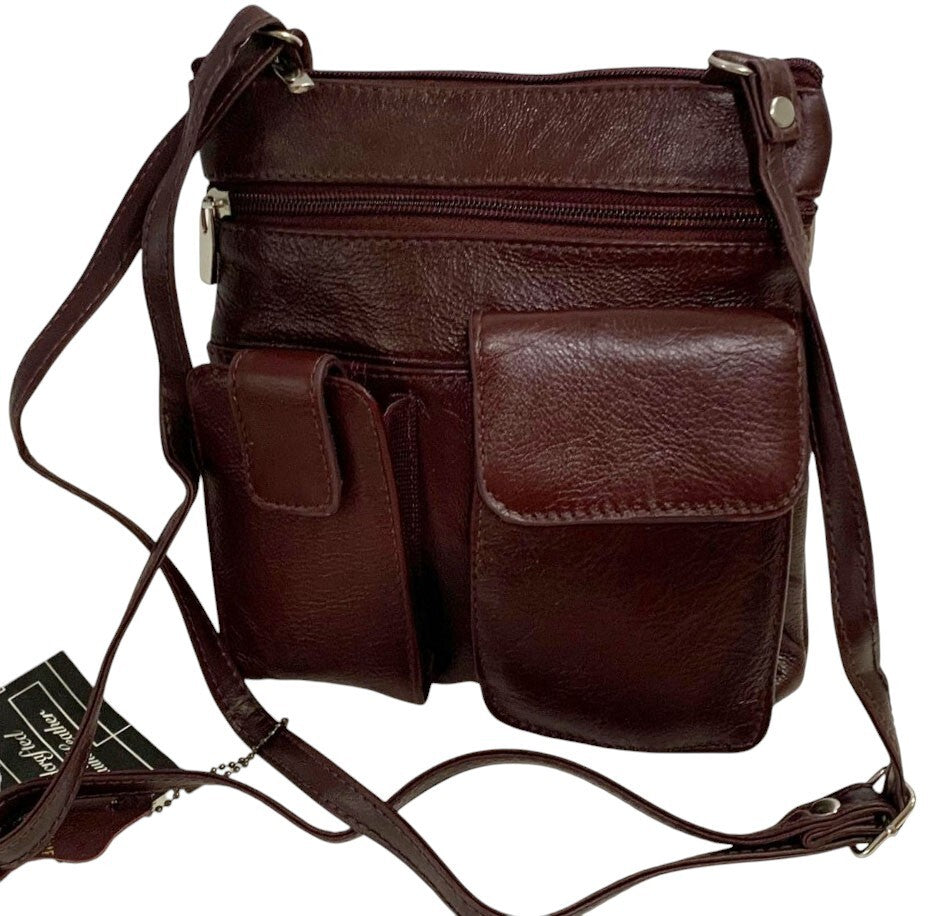 BURGUNDY Cowhide Leather Crossbody Shoulder Bag  Organizer Handbag for Women