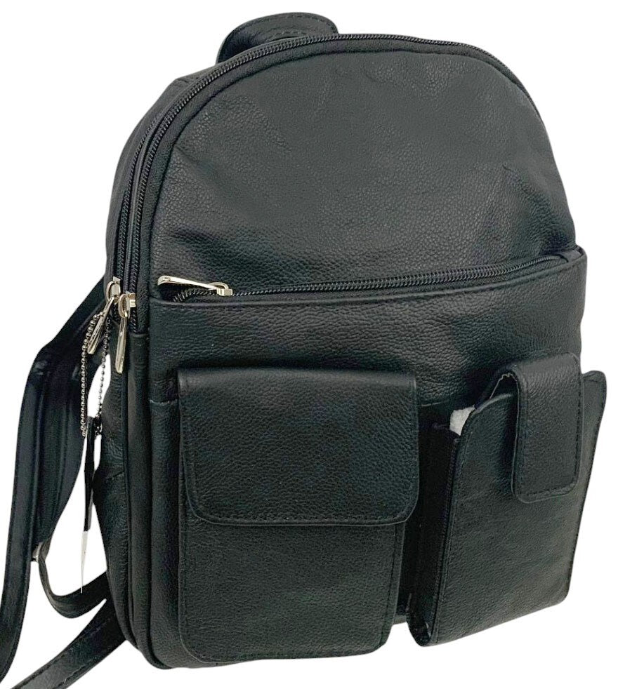 BLACK COWHIDE LEATHER UNISEX  BACKPACK SHOULDER BAG TRAVEL ORGANIZER