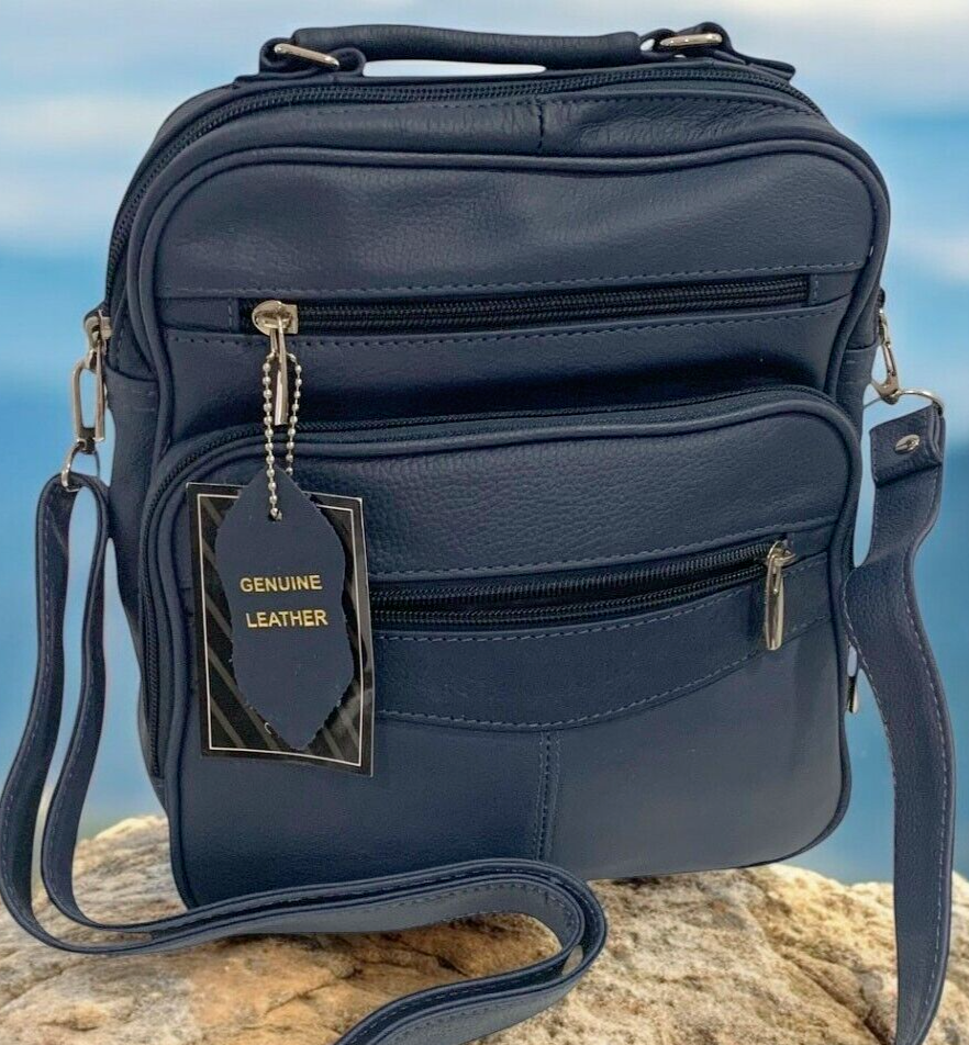 Blue Large Men Cowhide Leather Messenger Crossbody Shoulder Bag Satchel Handbag