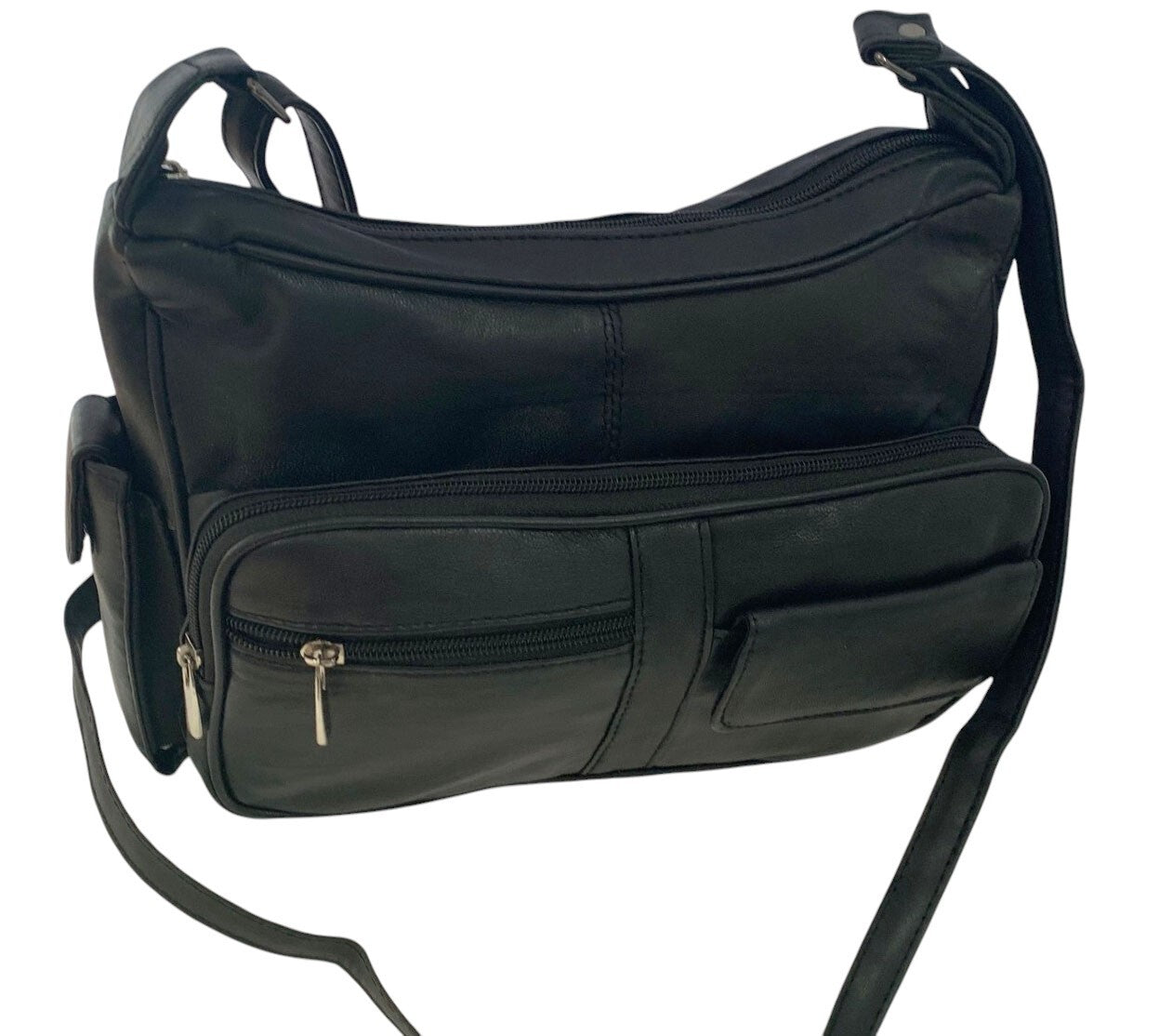 BLACK Leather Organizer Purse Shoulder Bag Multiple Pockets Cross Body Handbag