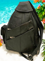 BLACK COWHIDE LEATHER UNISEX  BACKPACK SHOULDER BAG TRAVEL ORGANIZER