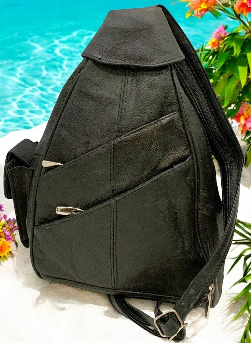 BLACK COWHIDE LEATHER UNISEX  BACKPACK SHOULDER BAG TRAVEL ORGANIZER