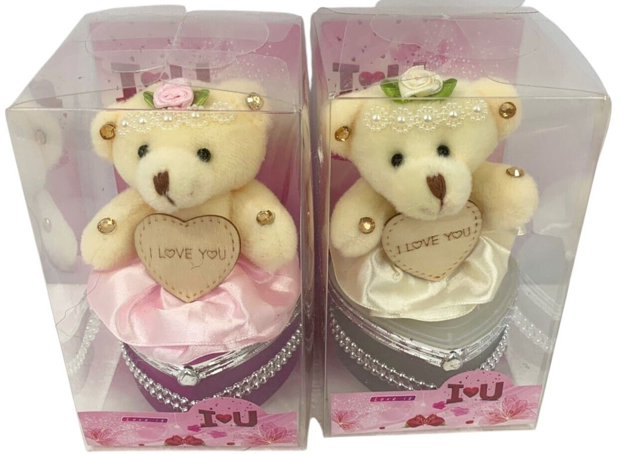 I Love You Bear With Heart Shaped Jewelry Gift Boxes SET OF 2 Pink White