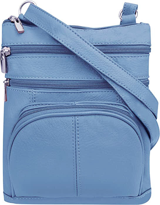New BLUE Leathers Crossbody Zippered Purse Bag 5 Pockets, Adjustable Strap