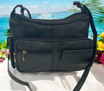BLACK Leather Organizer Purse Shoulder Bag Multiple Pockets Cross Body Handbag