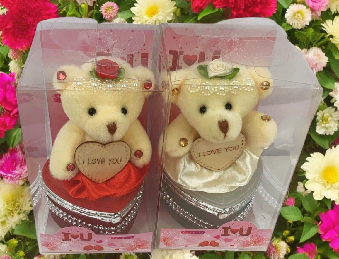 I Love You Bear With Heart Shaped Jewelry Gift Boxes SET OF 2 White & Red