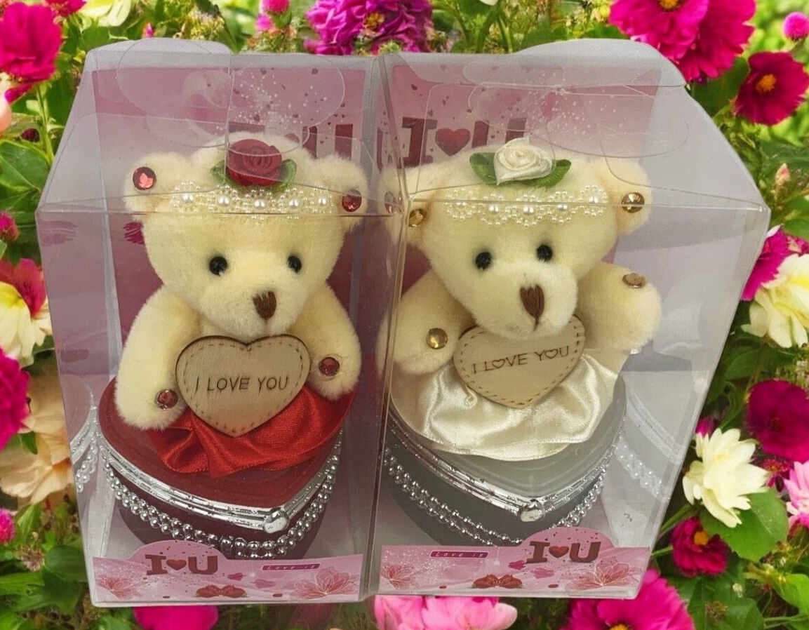 I Love You Bear With Heart Shaped Jewelry Gift Boxes SET OF 2 White & Red