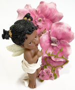 AFRICAN AMERICAN FAIRY ANGEL BABY GIRL FIGURINE WITH FLOWERS AND BUTTERFLY 11.5"