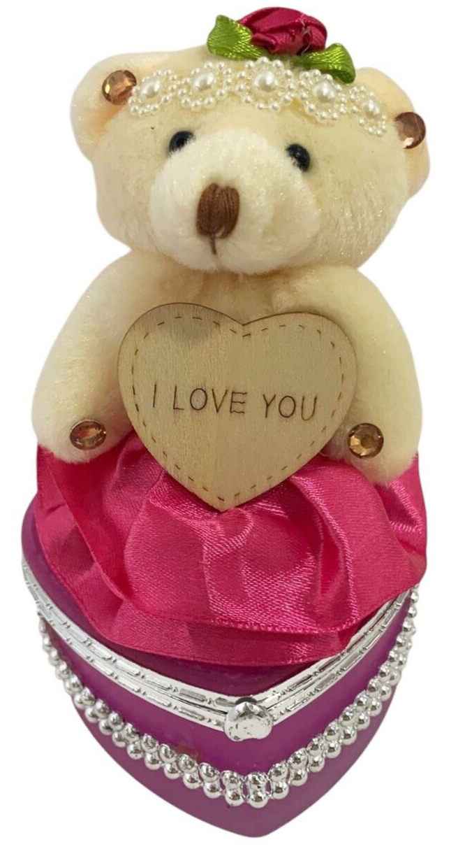 I Love You Bear With Heart Shaped Jewelry Gift Box Dark Pink/Purple