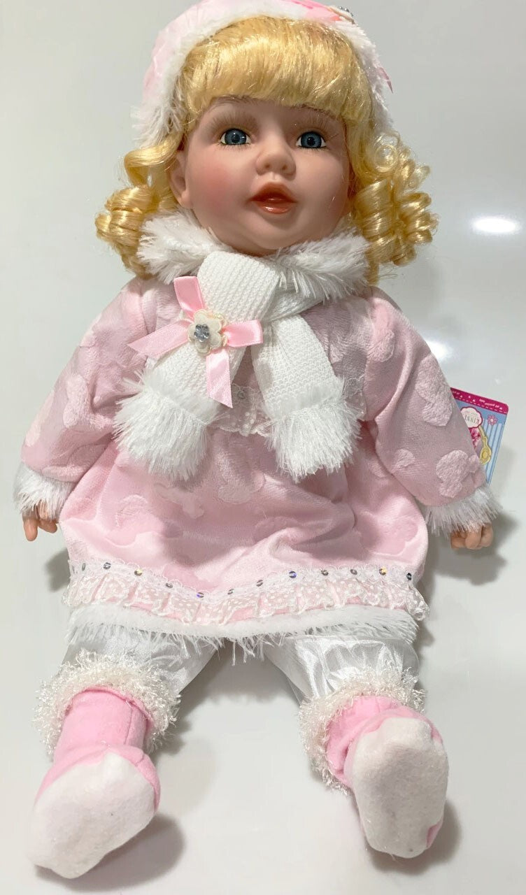NEW VINYL ZOEY PLAY DOLL BLOND HAIR BLUE EYES  22" PINK/WITE  WINTER OUTFIT