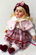 NEW VINYL PLAY DOLL BLOND HAIR BLUE EYES  22" BURGUNDY/WHITE/PINK  CLOTHES