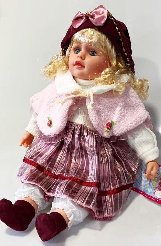 NEW VINYL PLAY DOLL BLOND HAIR BLUE EYES  22" BURGUNDY/WHITE/PINK  CLOTHES