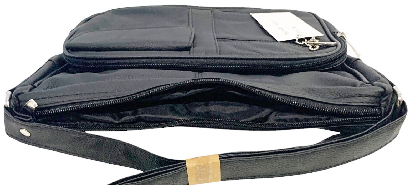 BLACK Leather Organizer Purse Shoulder Bag Multiple Pockets Cross Body Handbag