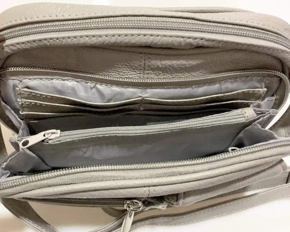 NEW GRAY COWHIDE LEATHER CROSSBODY BAG PURSE ORGANIZER 7 CC SLOTS ID HOLDER