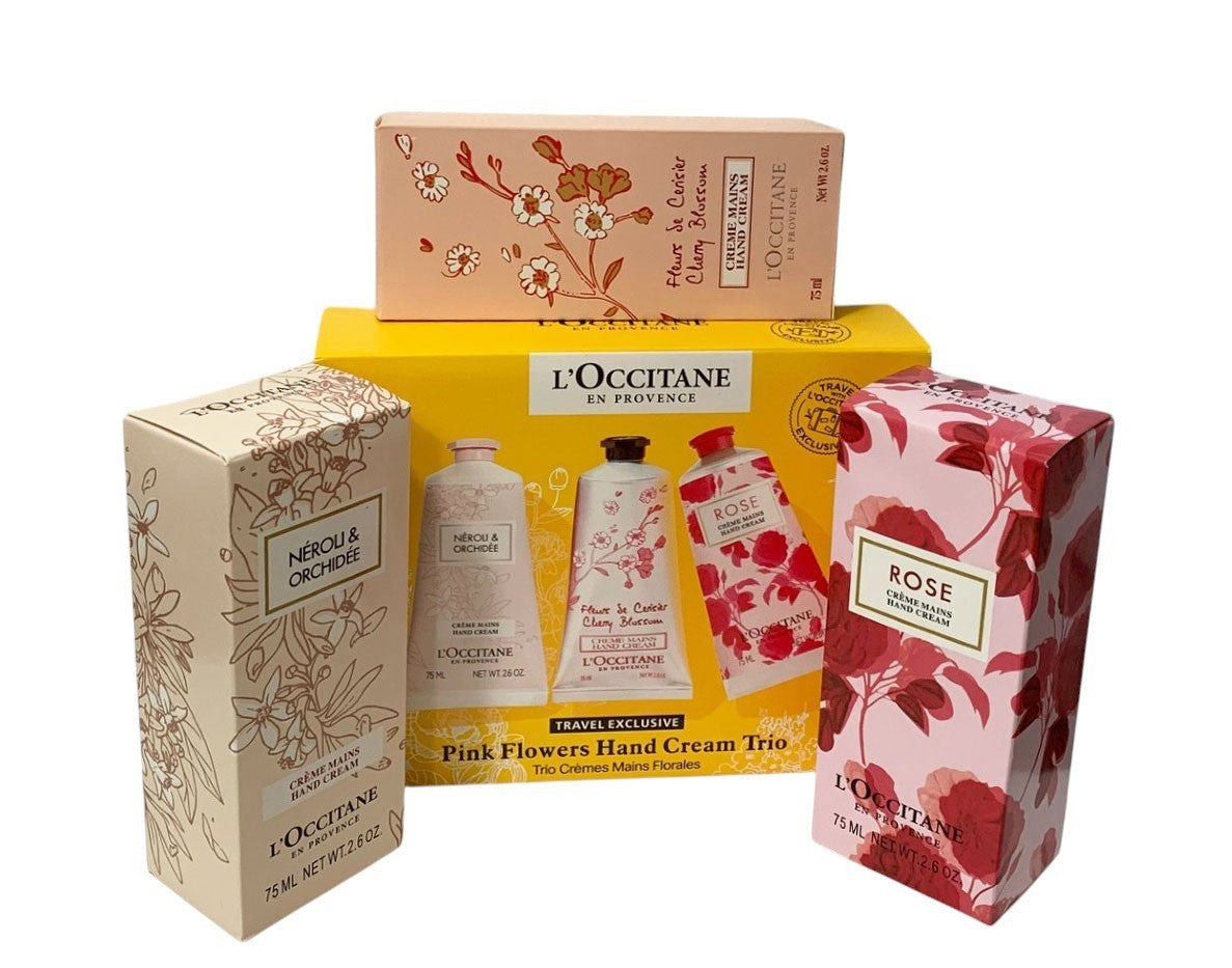 L'OCCITANE EN PROVENCE PINK FLOWERS HAND CREAM  TRIO TRAVEL EXCLUSIVE + GIFT BAG