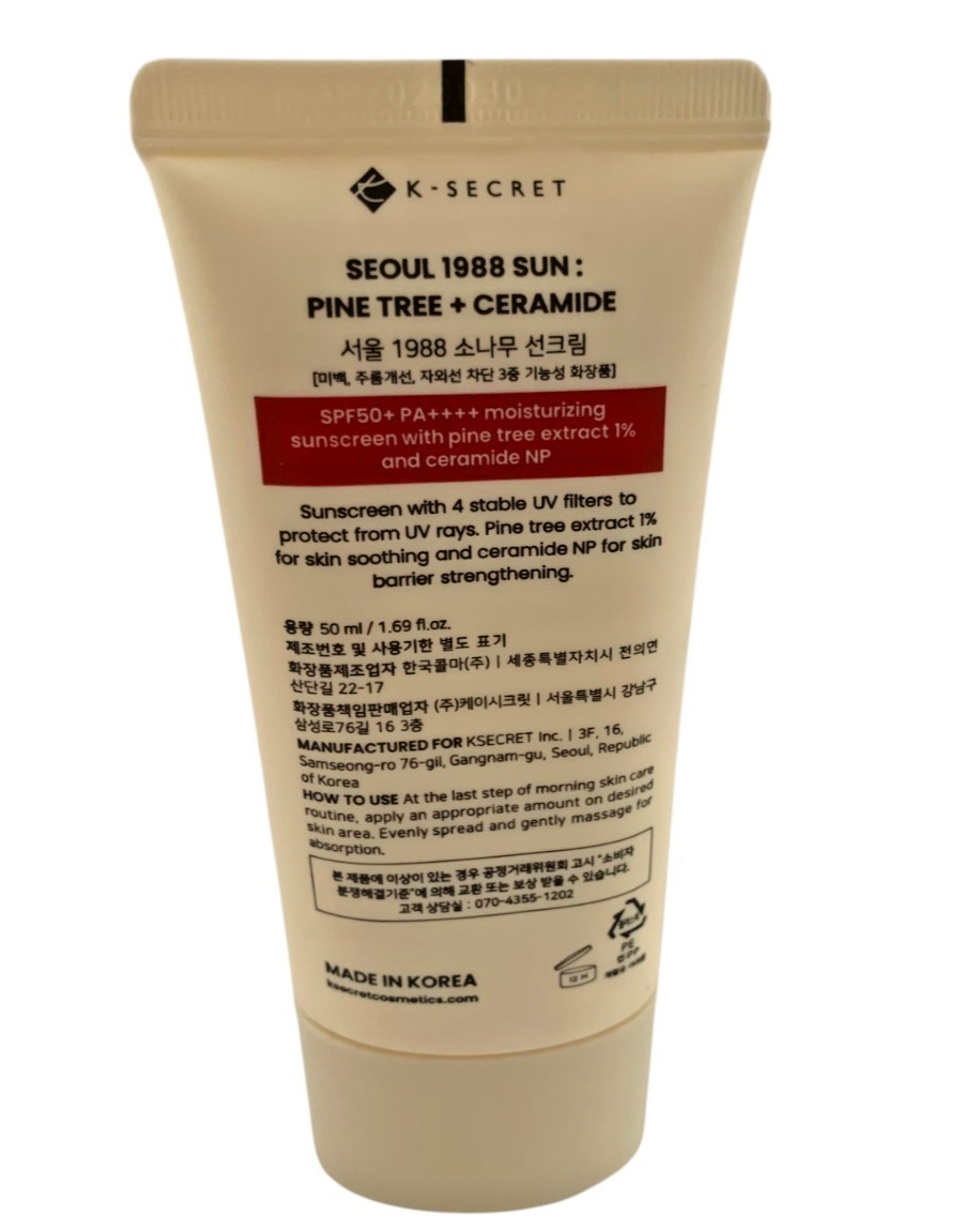 K-SECRET SEOUL 1988 Sun: Pine Tree + Ceramide, SPF 50+ PA ++++ Sunscreen 1.7oz