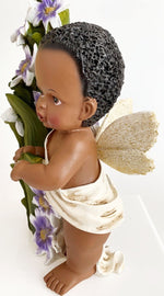 AFRICAN AMERICAN FAIRY ANGEL BABY BOY /GIRL FIGURINE WITH FLOWERS/ BIRD 12.25"