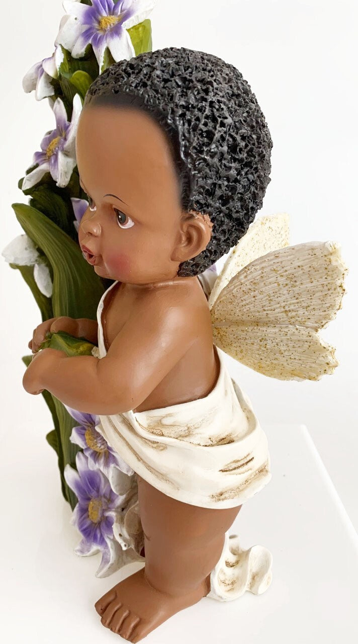 AFRICAN AMERICAN FAIRY ANGEL BABY BOY /GIRL FIGURINE WITH FLOWERS/ BIRD 12.25"
