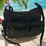 BLACK Leather Organizer Purse Shoulder Bag Multiple Pockets Cross Body Handbag