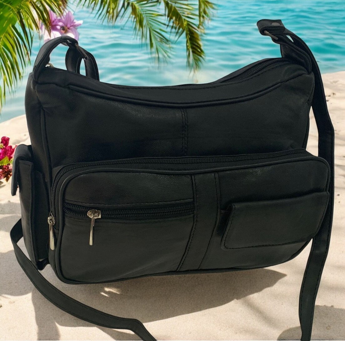 BLACK Leather Organizer Purse Shoulder Bag Multiple Pockets Cross Body Handbag