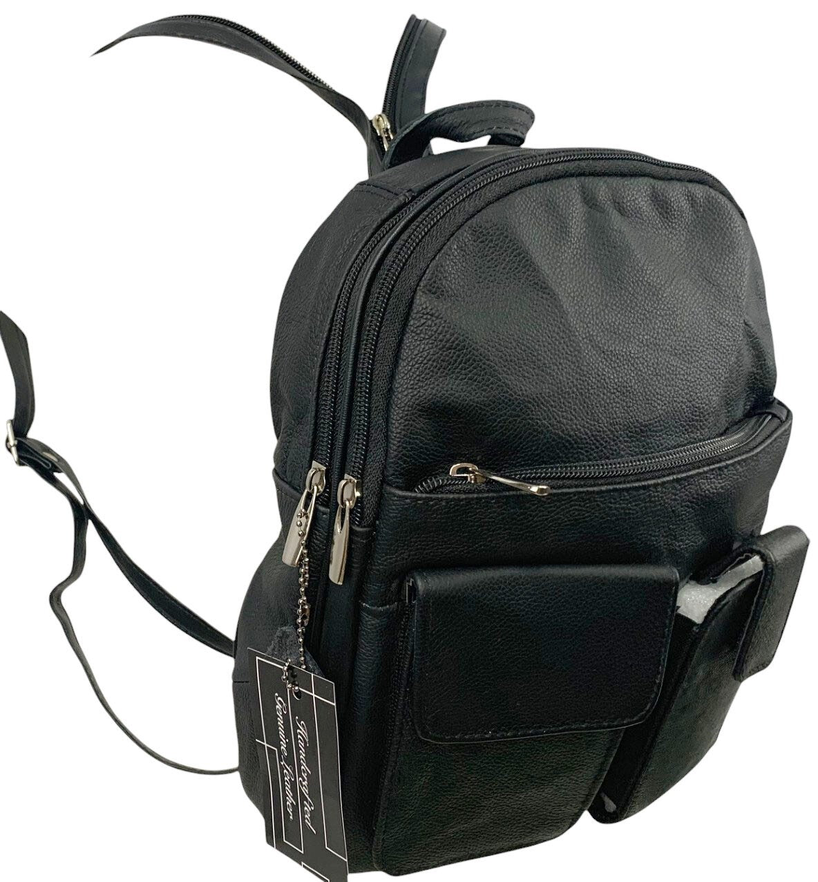 BLACK COWHIDE LEATHER UNISEX  BACKPACK SHOULDER BAG TRAVEL ORGANIZER