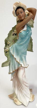 YOUNG AFRICAN AMERICAN WOMEN IN BLUE VINTAGE FIGURINE WITH LARGE LEAVES 12"