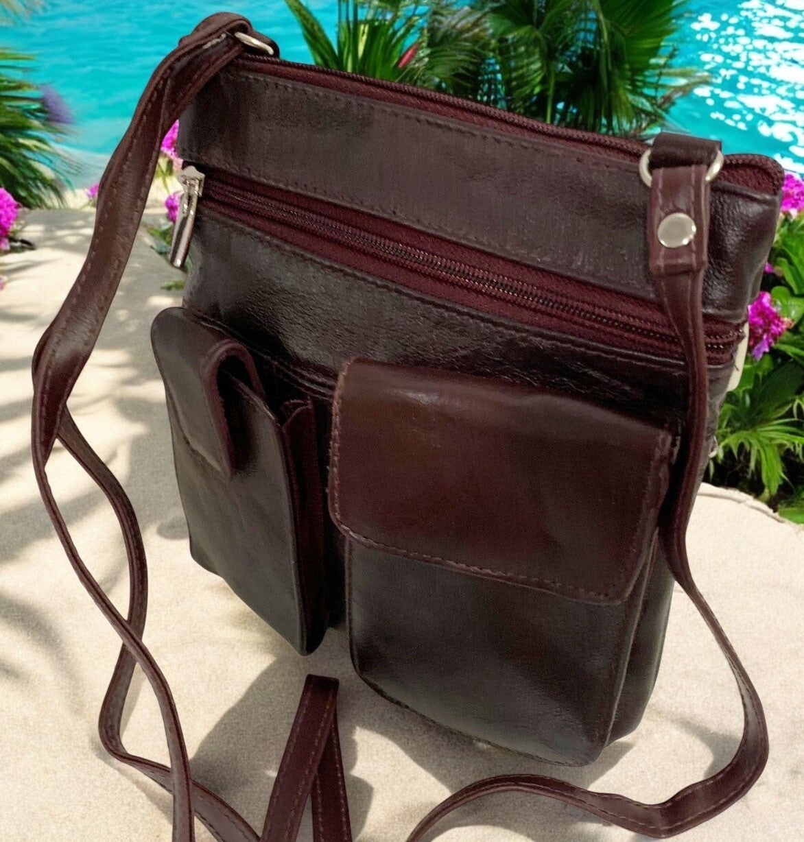 BURGUNDY Cowhide Leather Crossbody Shoulder Bag  Organizer Handbag for Women
