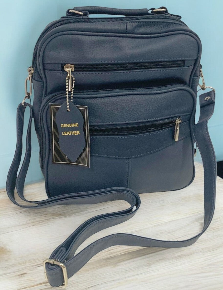 Blue Large Men Cowhide Leather Messenger Crossbody Shoulder Bag Satchel Handbag