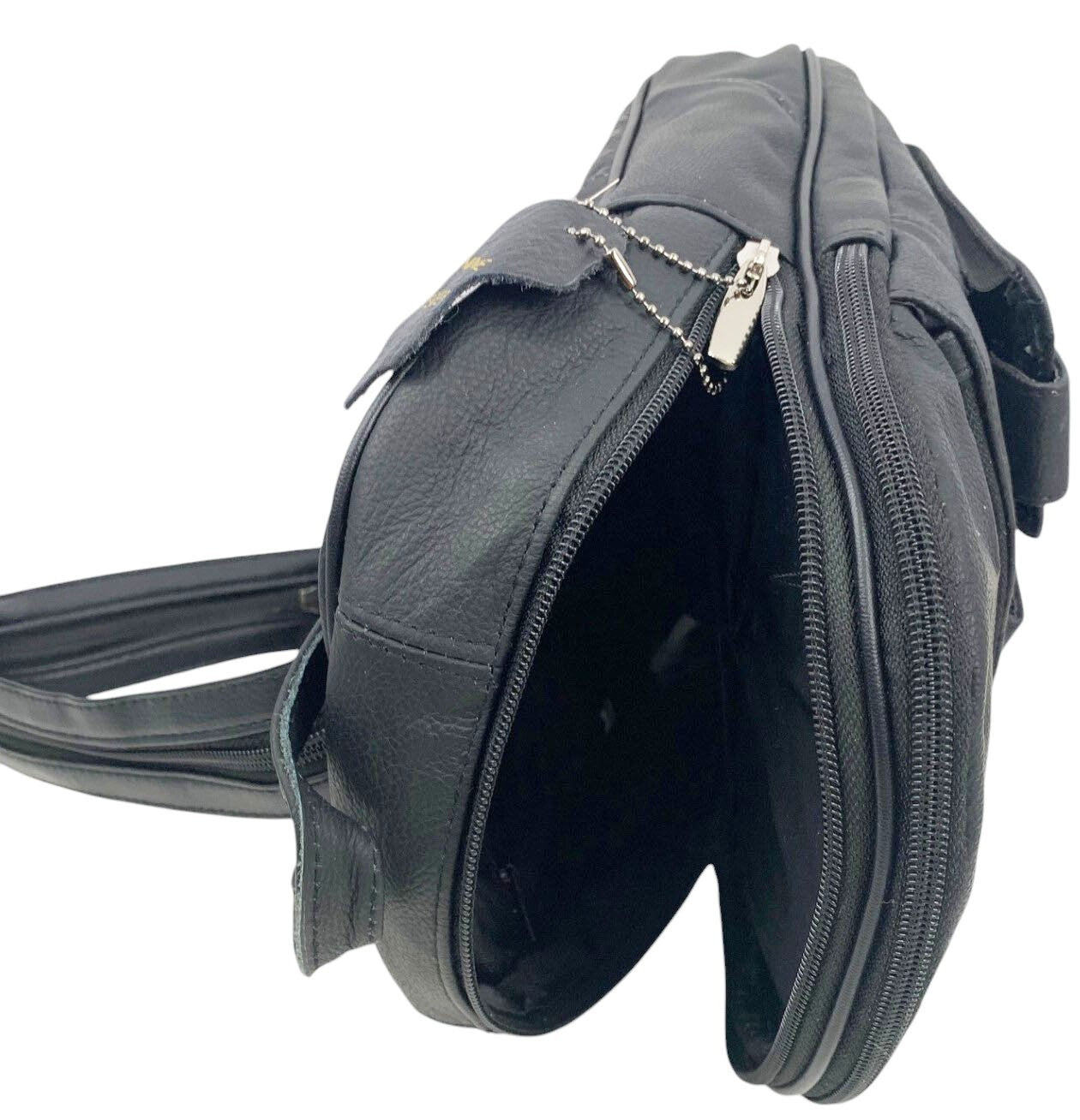 BLACK COWHIDE LEATHER UNISEX  BACKPACK SHOULDER BAG TRAVEL ORGANIZER