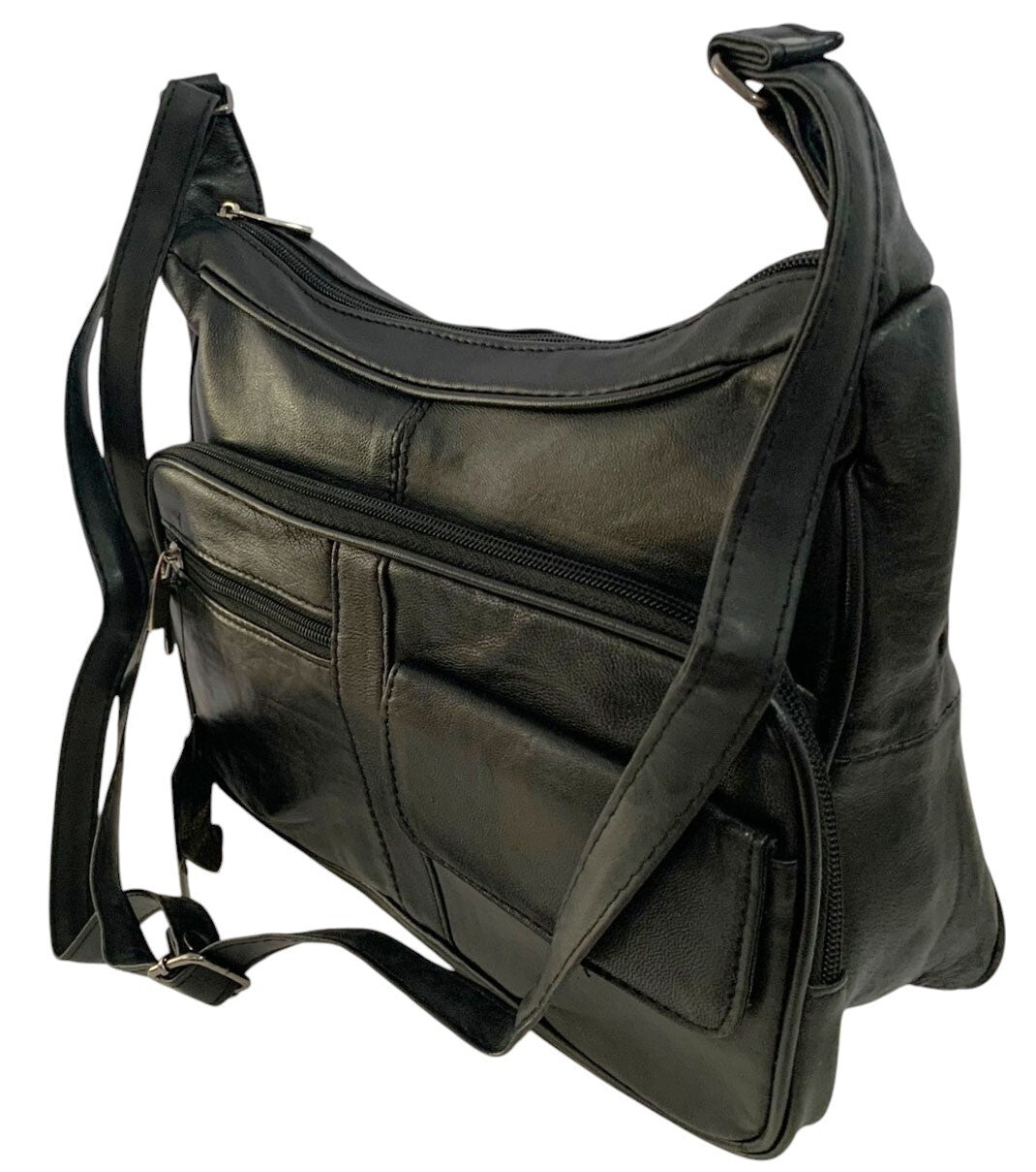 BLACK Leather Organizer Purse Shoulder Bag Multiple Pockets Cross Body Handbag