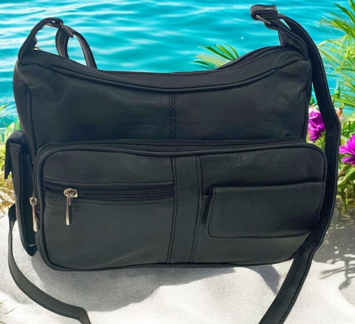 BLACK Leather Organizer Purse Shoulder Bag Multiple Pockets Cross Body Handbag