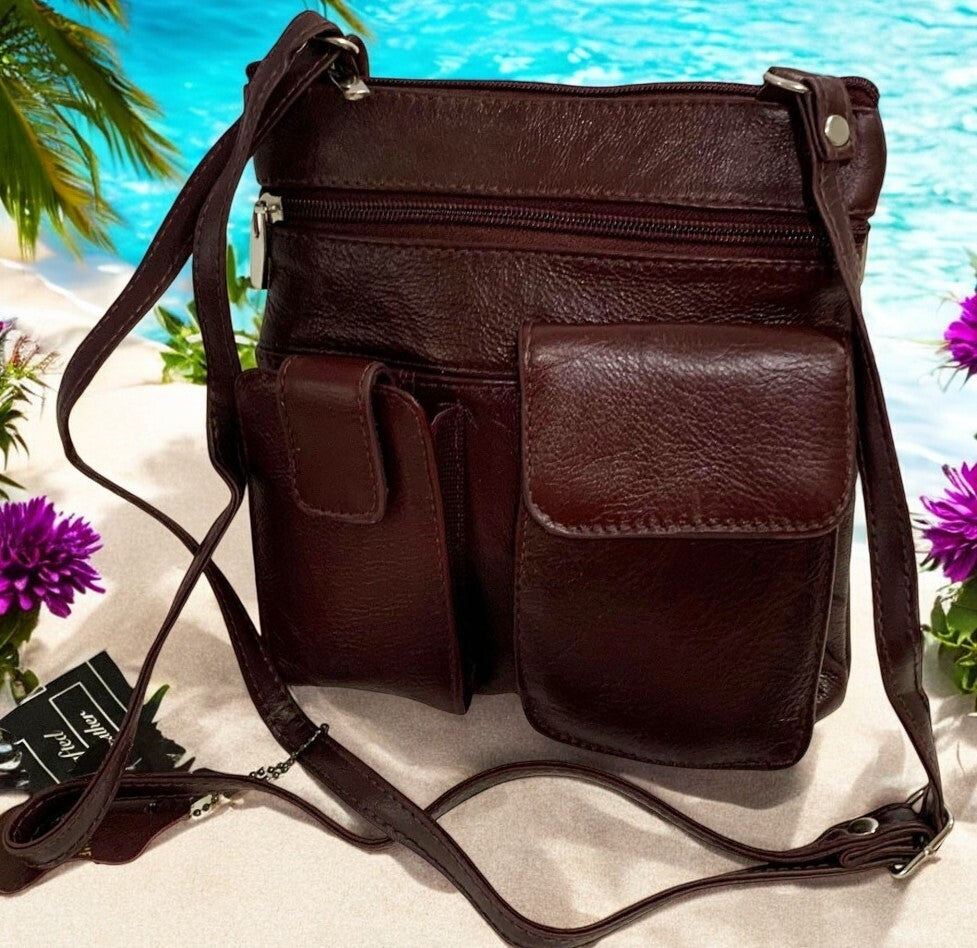 BURGUNDY Cowhide Leather Crossbody Shoulder Bag  Organizer Handbag for Women