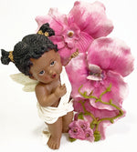 AFRICAN AMERICAN FAIRY ANGEL BABY GIRL FIGURINE WITH FLOWERS AND BUTTERFLY 11.5"