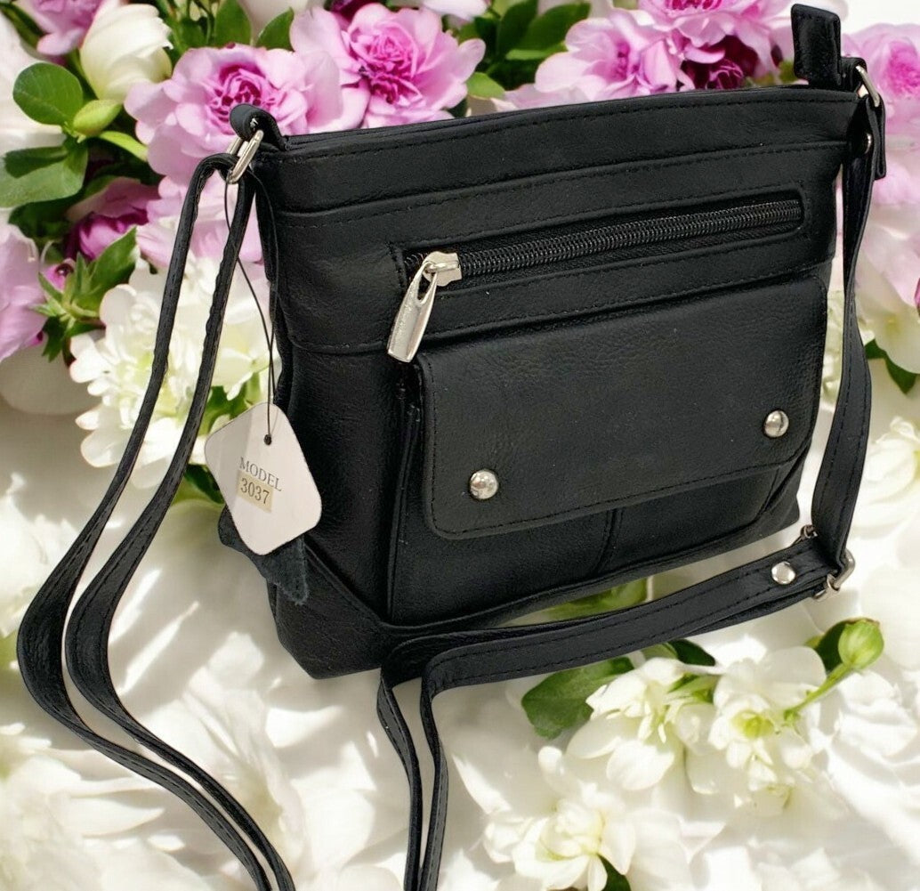 Black Cowhide Leather Small Handbag Crossbody Shoulder Bag  Purse for Women