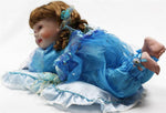 COLLECTIBLE CERAMIC BROWN HAIR CRAWLING FAIRY BABY DOLL IN BLUE 22"