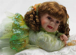 PORCELAIN BROWN HAIR CRAWLING FAIRY BABY 22" GREEN DRESS SILK BLANKET