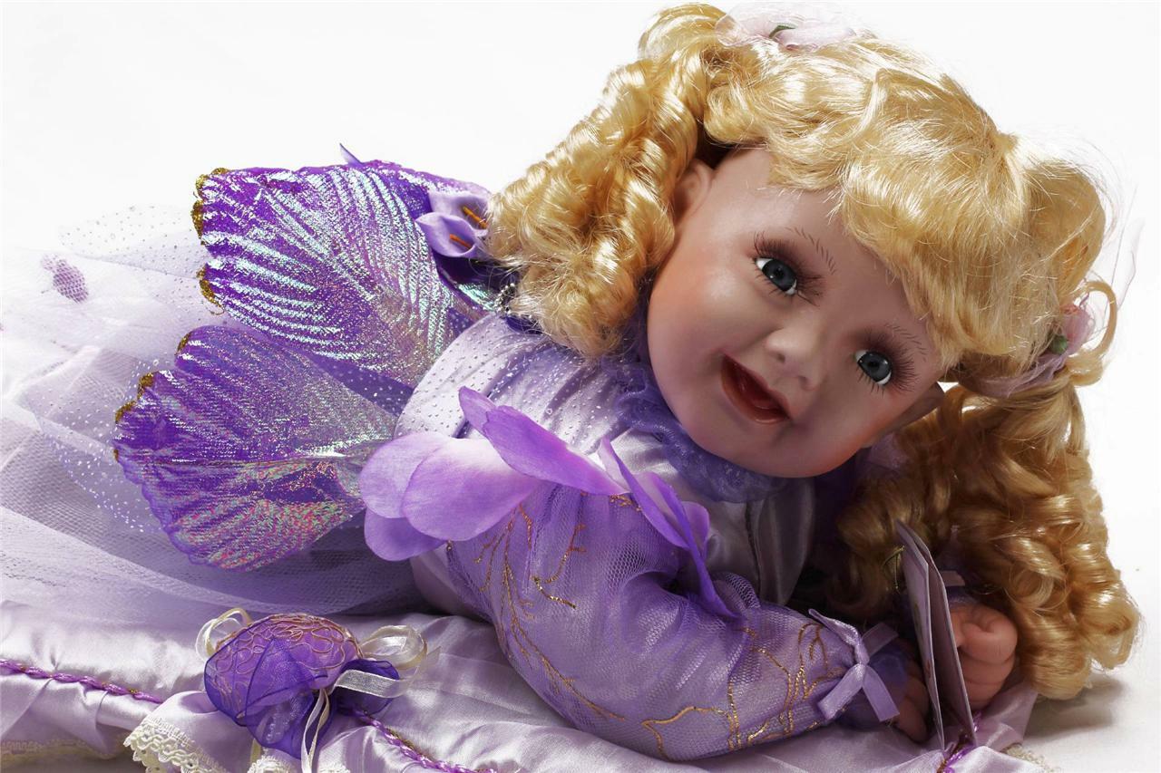 PORCELAIN BLOND HAIR CRAWLING FAIRY BABY 22" PURPLE DRESS WINGS SILKY BLANKET