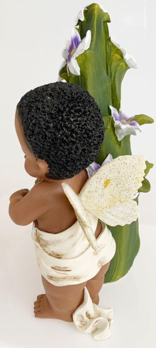 AFRICAN AMERICAN FAIRY ANGEL BABY BOY /GIRL FIGURINE WITH FLOWERS/ BIRD 12.25"