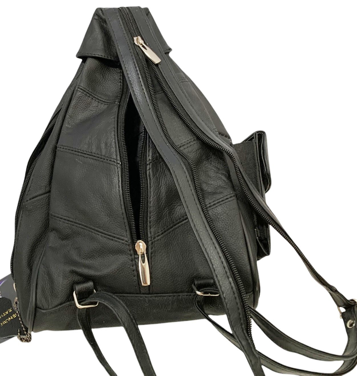 BLACK COWHIDE LEATHER UNISEX  BACKPACK SHOULDER BAG TRAVEL ORGANIZER