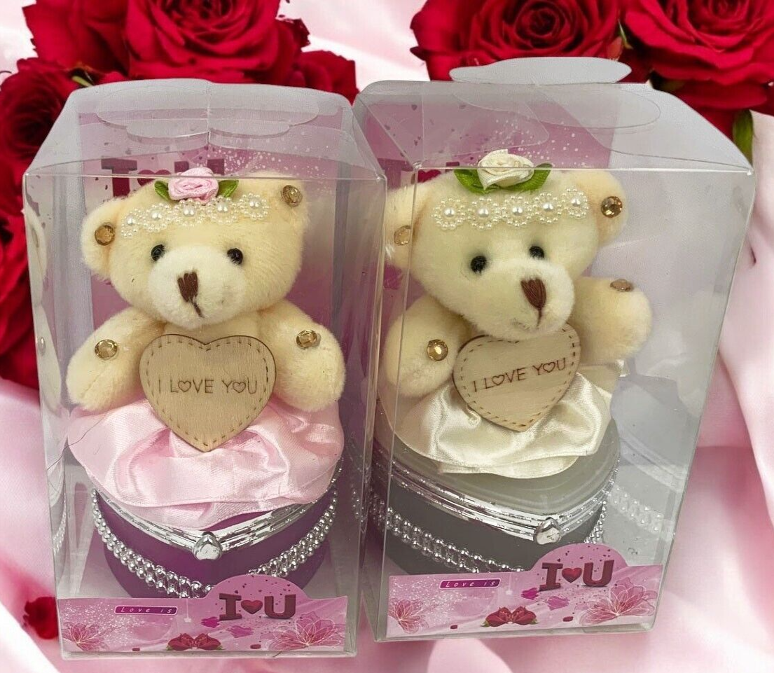 I Love You Bear With Heart Shaped Jewelry Gift Boxes SET OF 2 Pink White