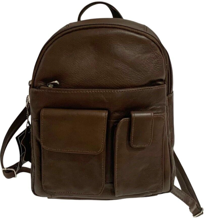 BROWN COWHIDE LEATHER UNISEX  BACKPACK SHOULDER BAG TRAVEL ORGANIZER