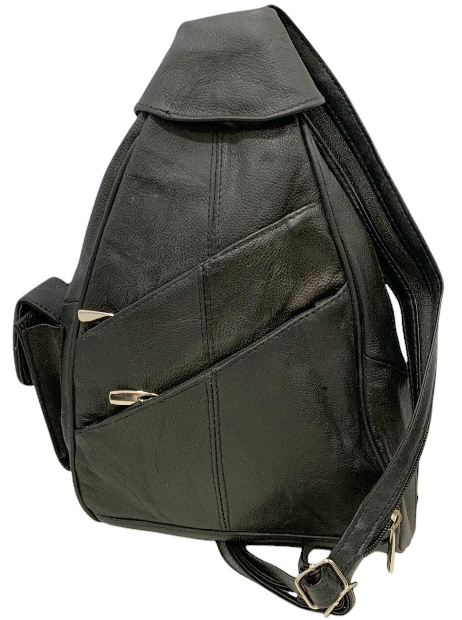 BLACK COWHIDE LEATHER UNISEX  BACKPACK SHOULDER BAG TRAVEL ORGANIZER