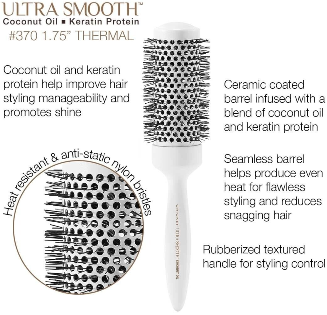 Cricket ULTRA SMOOTH Coconut 1.75” Thermal Ceramic Barrel Hair Brush Anti-Static
