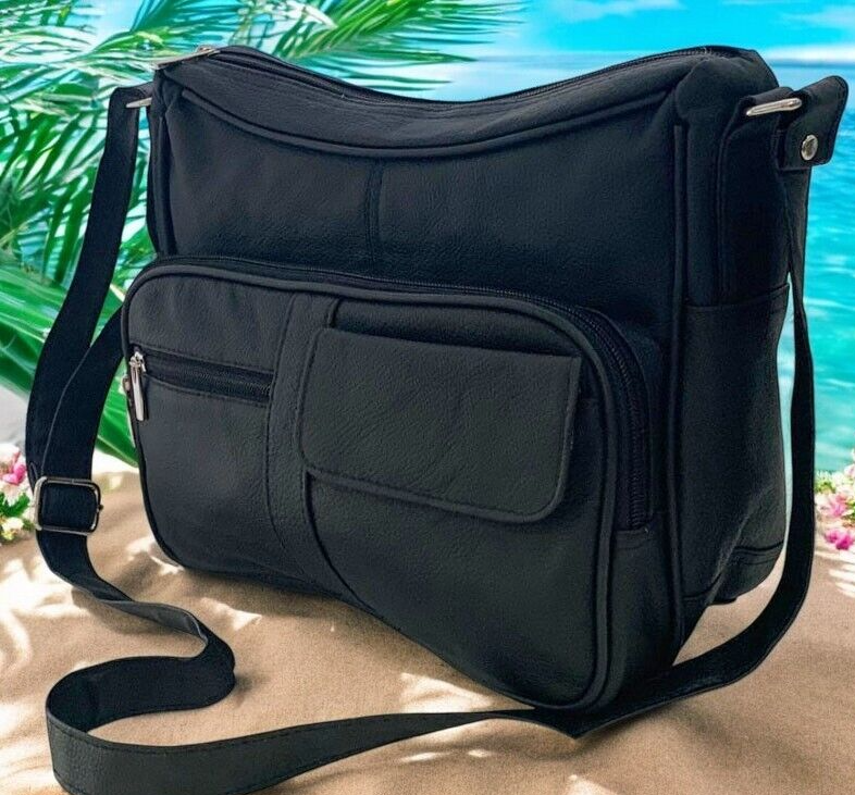 BLACK Leather Organizer Purse Shoulder Bag Multiple Pockets Cross Body Handbag